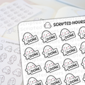Digital sticker sheet by Scripted Hours featuring rows of smiling white blob characters with pink cheeks holding black and white 'DONE' signs on a light surface with blurred sheets of similar characters holding scrolls visible in the background