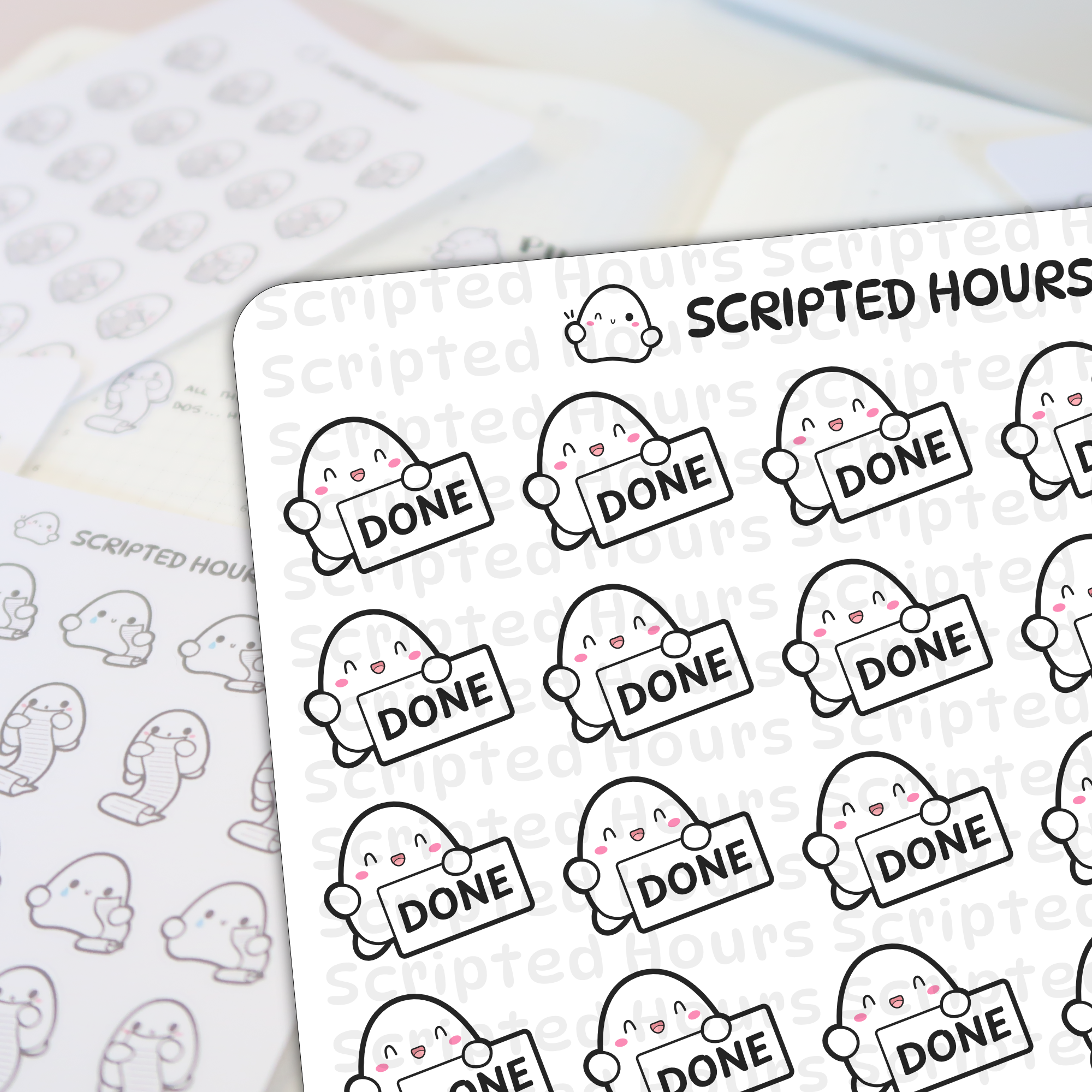 Digital sticker sheet by Scripted Hours featuring rows of smiling white blob characters with pink cheeks holding black and white 'DONE' signs on a light surface with blurred sheets of similar characters holding scrolls visible in the background