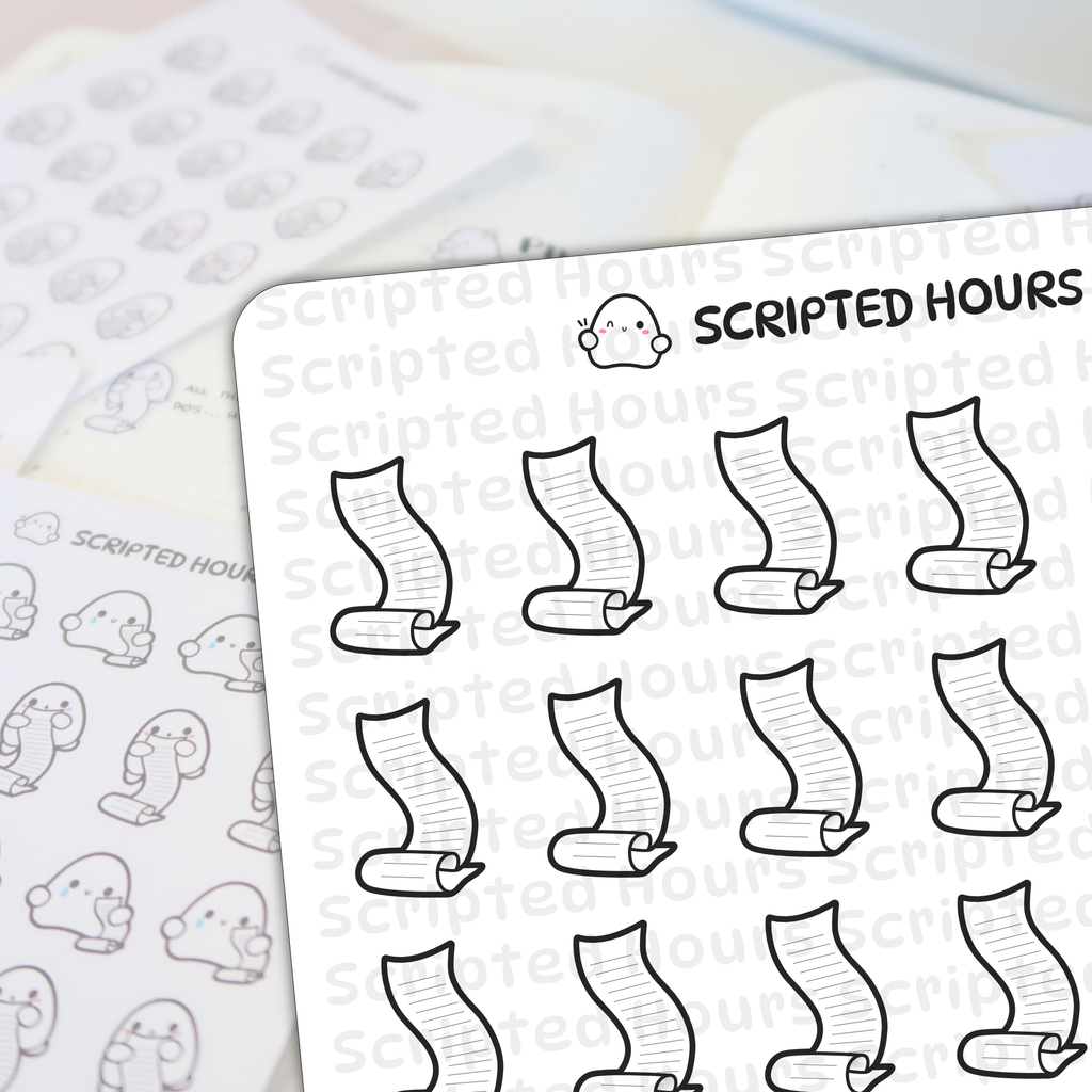 Scripted Hours digital stickers featuring multiple sheets of planner stickers on a light background, including black and white scroll icons, a cute winking ghost logo, and adorable ghost characters with pink and blue accents