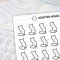 Scripted Hours digital stickers featuring multiple sheets of planner stickers on a light background, including black and white scroll icons, a cute winking ghost logo, and adorable ghost characters with pink and blue accents