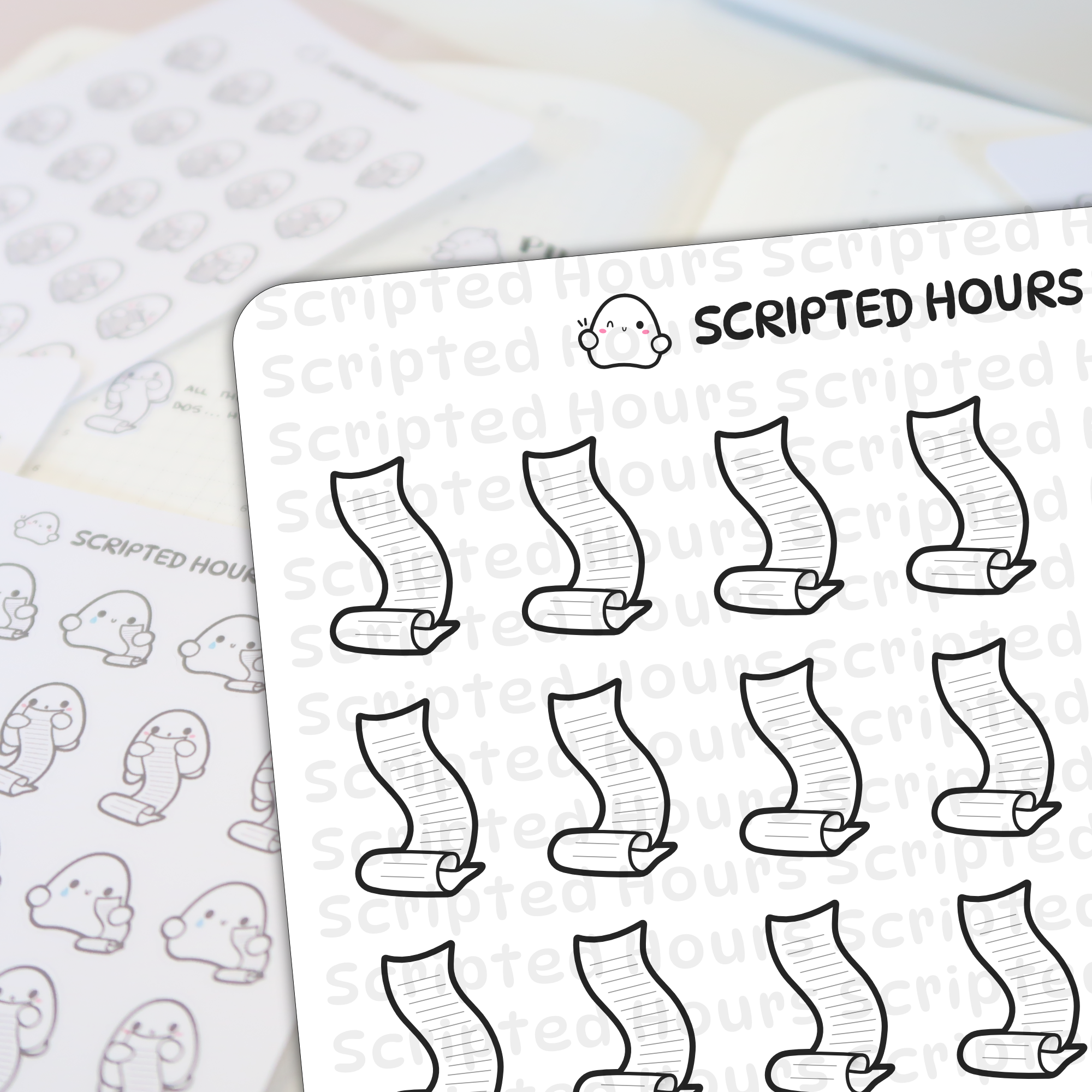 Scripted Hours digital stickers featuring multiple sheets of planner stickers on a light background, including black and white scroll icons, a cute winking ghost logo, and adorable ghost characters with pink and blue accents