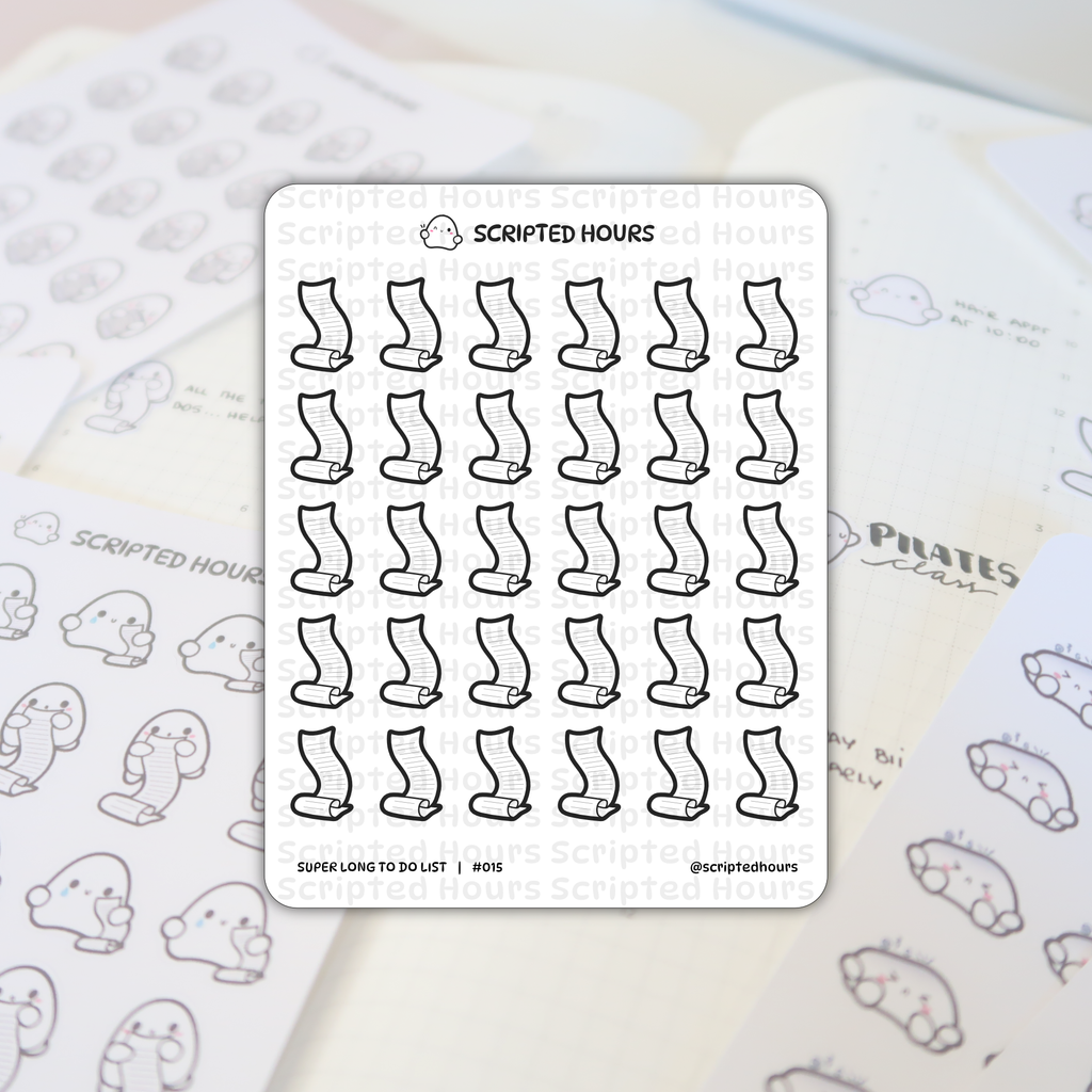 Scripted Hours planner stickers: A sheet of black and white "Super Long To Do List" scroll icon stickers is centered on an open planner showing "PILATES class" and "HAVE APPT AT 10:00", with a blurred sheet of cute ghost stickers in the background