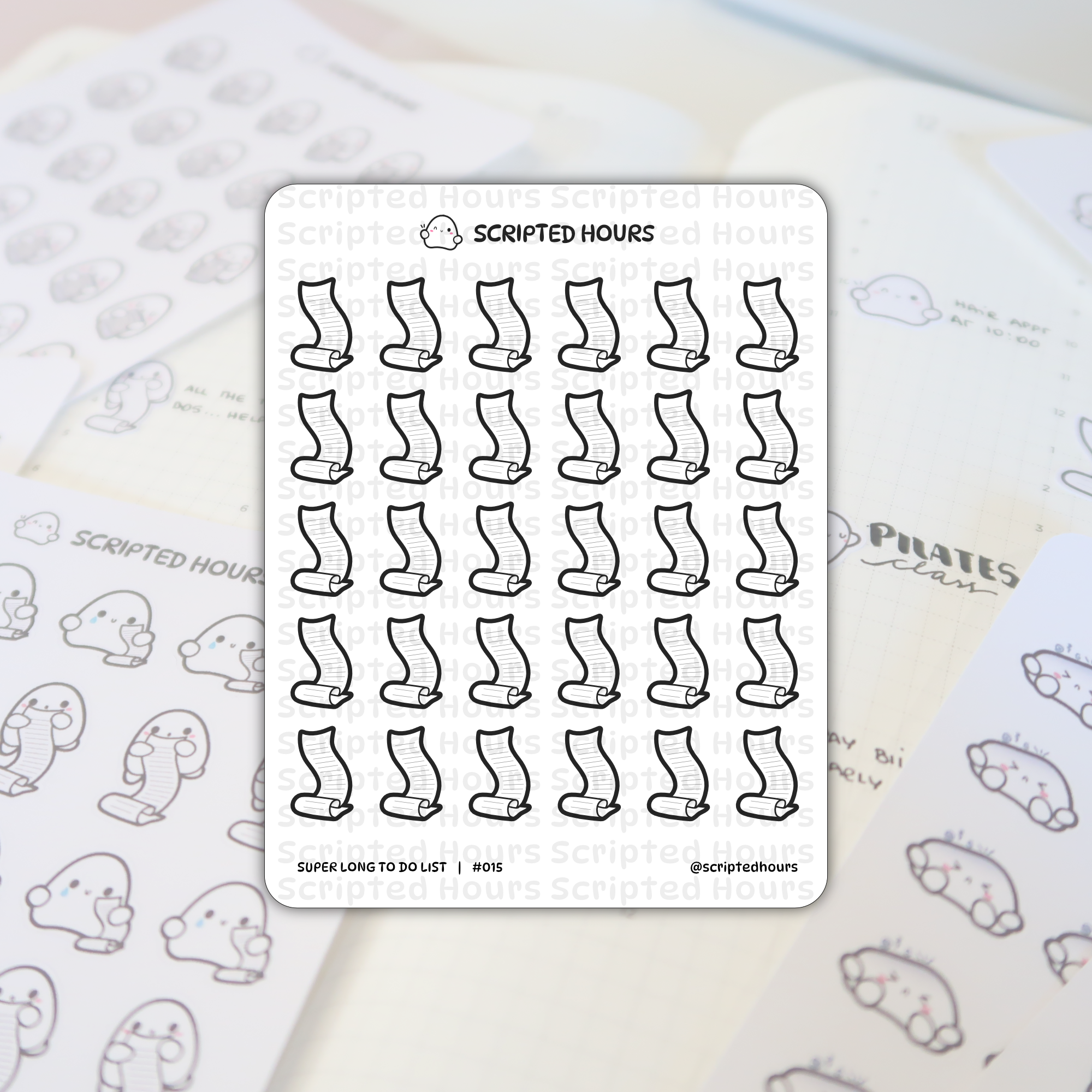 Scripted Hours planner stickers: A sheet of black and white "Super Long To Do List" scroll icon stickers is centered on an open planner showing "PILATES class" and "HAVE APPT AT 10:00", with a blurred sheet of cute ghost stickers in the background