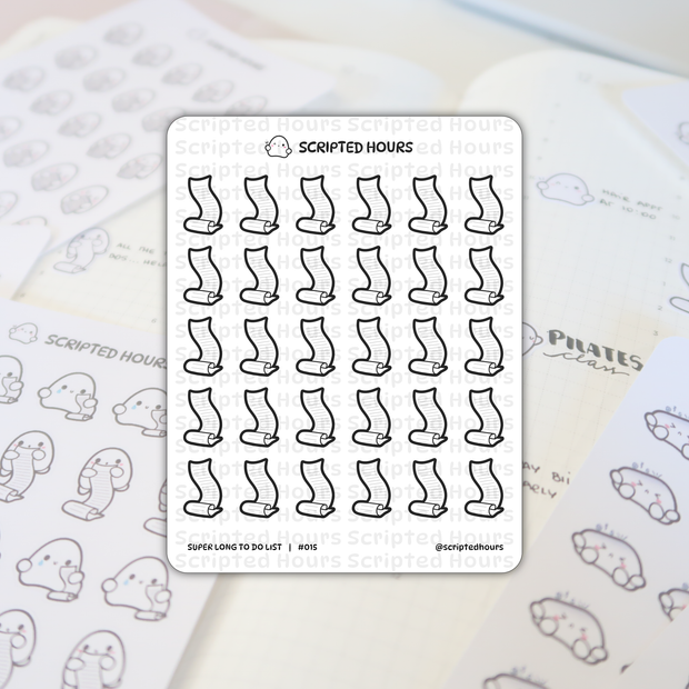 Scripted Hours planner stickers: A sheet of black and white "Super Long To Do List" scroll icon stickers is centered on an open planner showing "PILATES class" and "HAVE APPT AT 10:00", with a blurred sheet of cute ghost stickers in the background