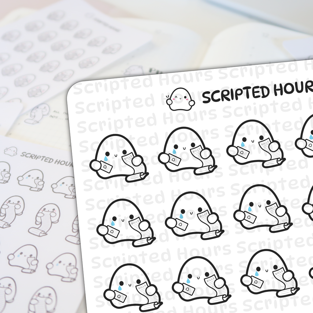 Scripted Hours planner stickers featuring kawaii crying ghost characters holding "BILLS" scrolls and small envelopes, alongside the brand logo ghost winking with pink cheeks