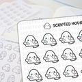 Scripted Hours planner stickers featuring kawaii crying ghost characters holding "BILLS" scrolls and small envelopes, alongside the brand logo ghost winking with pink cheeks