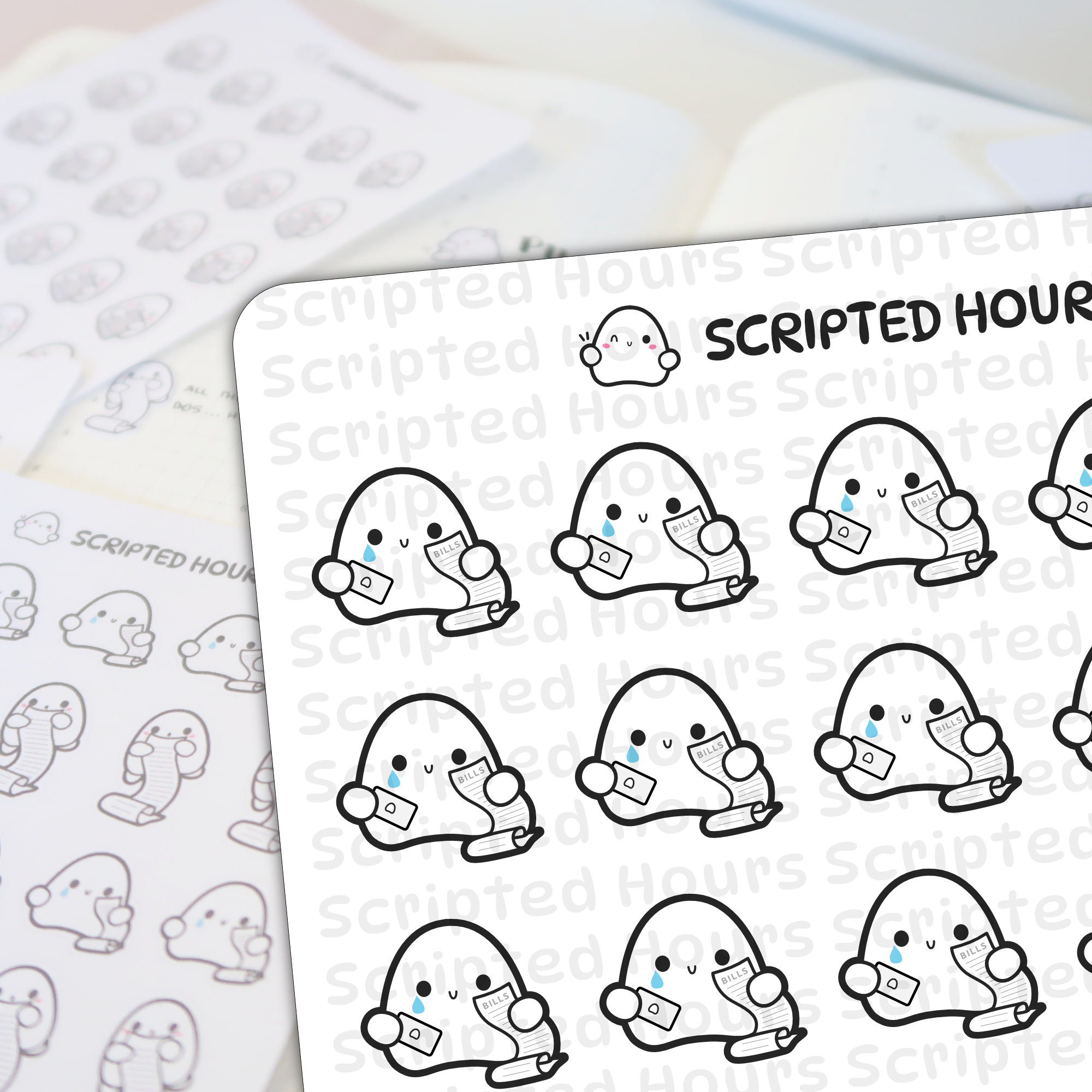 Scripted Hours planner stickers featuring kawaii crying ghost characters holding "BILLS" scrolls and small envelopes, alongside the brand logo ghost winking with pink cheeks