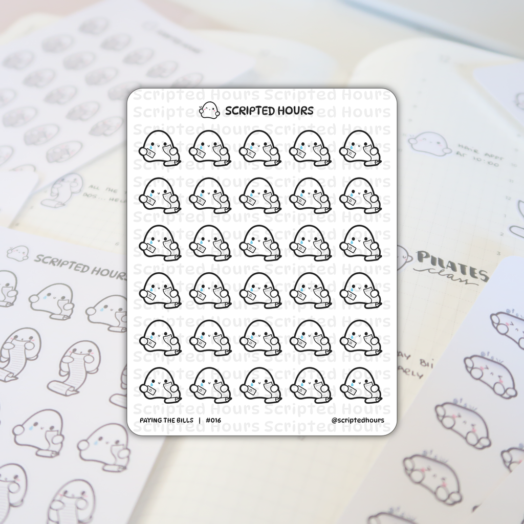Scripted Hours vinyl stickers, a sheet of 24 adorable white ghosts with black outlines, blue tears, and small papers labeled "BILLS," from the "Paying the Bills" #016 collection, displayed on a blurry planner page with "Pilates class" written in grey