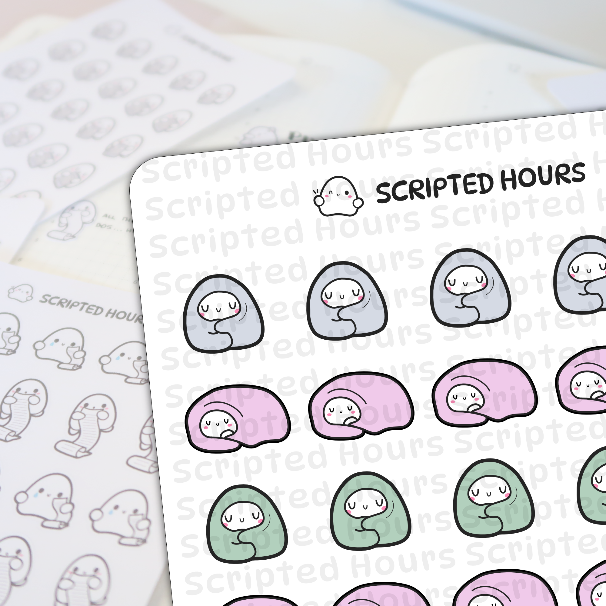 Scripted Hours digital illustrations depicting two sheets of planner stickers on a desk, one sheet features sleepy characters wrapped in pastel blue, pink, and green blankets, while the other shows outline characters holding scrolls