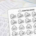 Scripted Hours sticker sheet displays cute white blob characters with pink cheeks and black outlines holding signs that read HELP OMG WHY and YAY on a blurred planner background