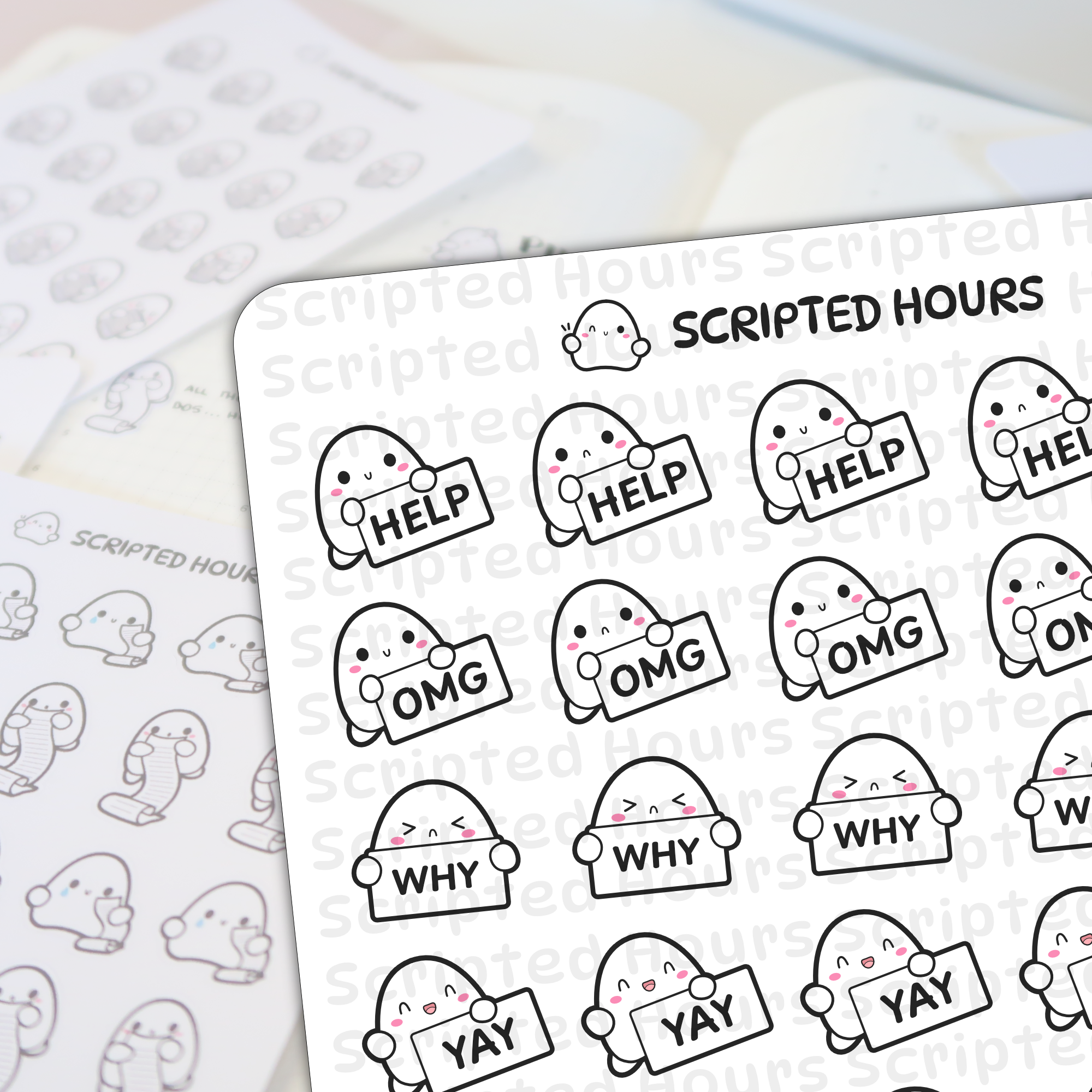 Scripted Hours sticker sheet displays cute white blob characters with pink cheeks and black outlines holding signs that read HELP OMG WHY and YAY on a blurred planner background