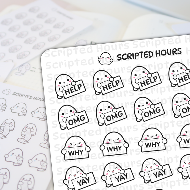 Scripted Hours sticker sheet displays cute white blob characters with pink cheeks and black outlines holding signs that read HELP OMG WHY and YAY on a blurred planner background