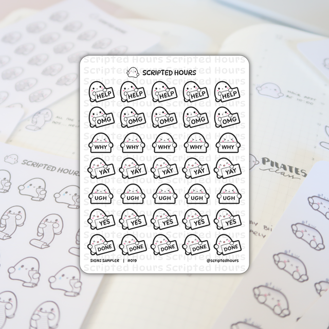 Scripted Hours vinyl sticker sheet, Signs Sampler #019, featuring a cute white ghost character with pink blush holding signs like 'HELP,' 'OMG,' and 'YAY,' resting on a grid-lined planner with handwritten notes including 'Pilates class' visible in the blurred background