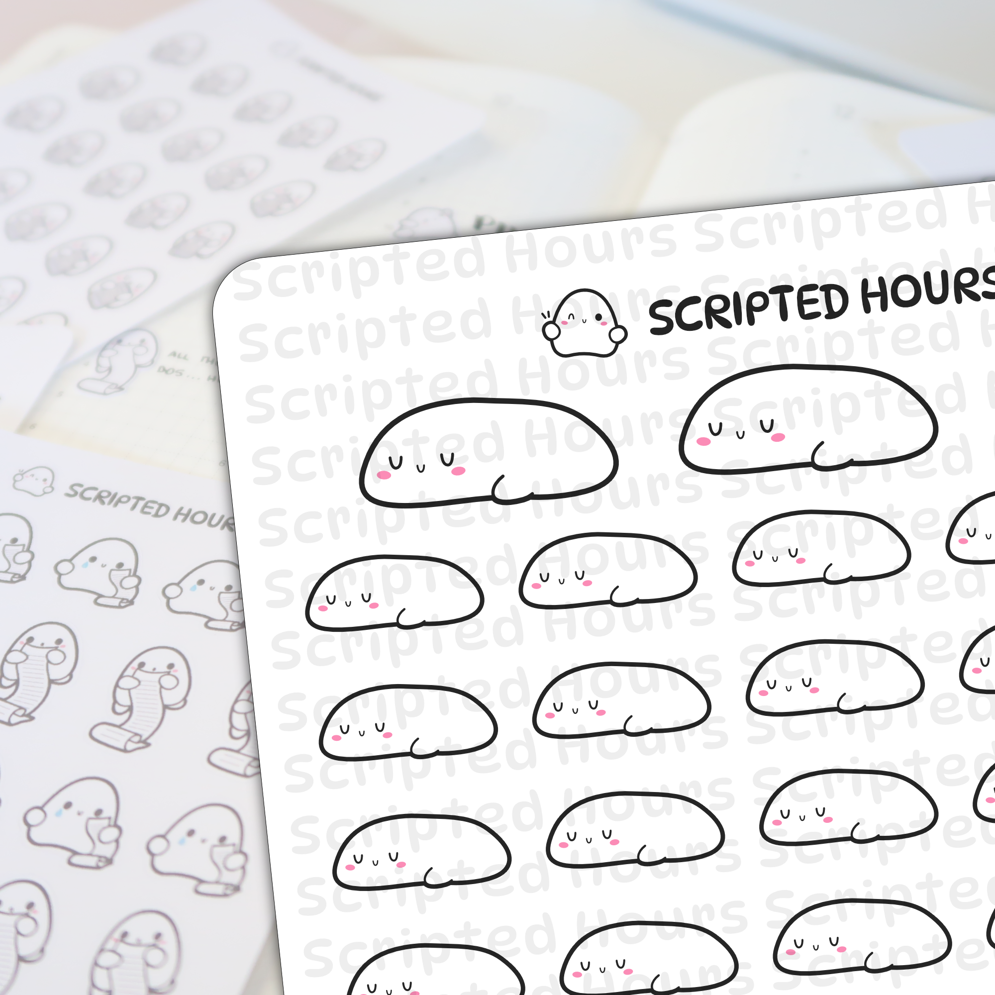 Scripted Hours vinyl sticker sheet with many cute, sleepy white blob characters featuring pink cheeks and small U-shaped eyes, layered over another sticker sheet displaying ghost figures holding scrolls
