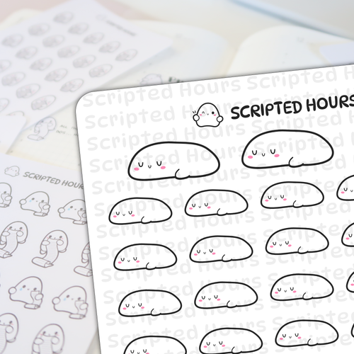 Scripted Hours vinyl sticker sheet with many cute, sleepy white blob characters featuring pink cheeks and small U-shaped eyes, layered over another sticker sheet displaying ghost figures holding scrolls