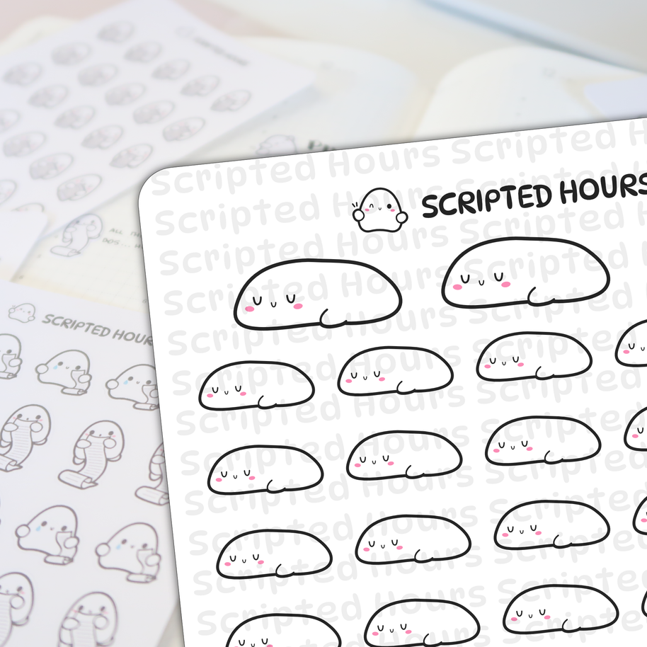 Scripted Hours vinyl sticker sheet with many cute, sleepy white blob characters featuring pink cheeks and small U-shaped eyes, layered over another sticker sheet displaying ghost figures holding scrolls