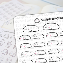 Scripted Hours vinyl sticker sheet with many cute, sleepy white blob characters featuring pink cheeks and small U-shaped eyes, layered over another sticker sheet displaying ghost figures holding scrolls
