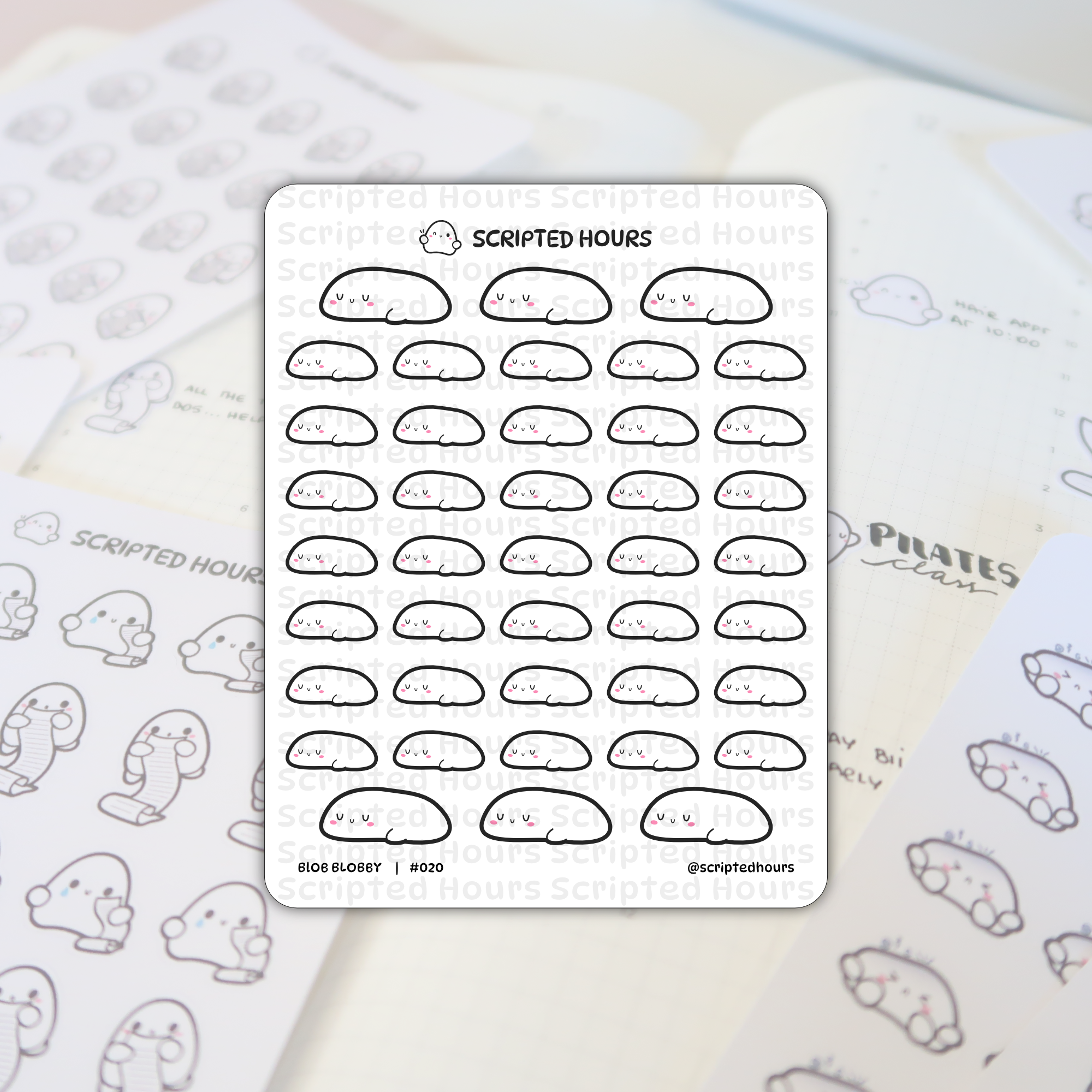 Sticker sheet by Scripted Hours displaying rows of white blob characters with closed u-shaped eyes, tiny u-shaped mouths, and pink cheeks, positioned on a planner background featuring handwritten "PILATES class" and blurry pages with crying and list-holding blob stickers