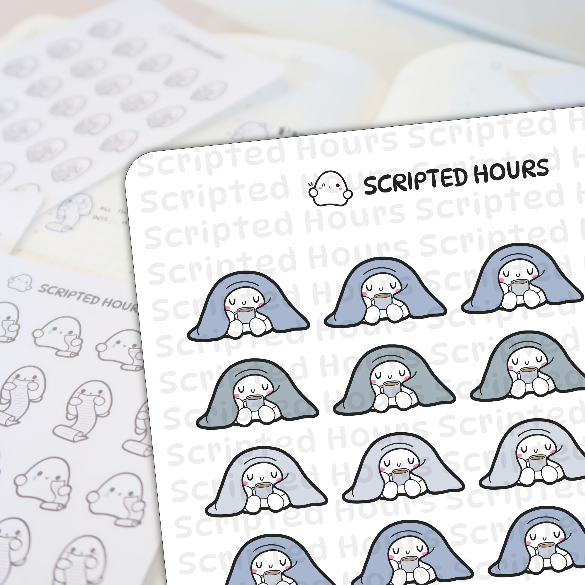 Digital illustration by Scripted Hours showcasing a sheet of cozy planner stickers featuring adorable white blob characters with rosy cheeks under light blue and grey blankets holding mugs of coffee, alongside a blurred sheet of grayscale outline stickers