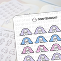 Die-cut vinyl stickers by Scripted Hours featuring adorable white ghost characters snuggled under pastel purple, blue, and pink blankets holding mugs with a blurred background of other monochrome ghost stickers holding long to-do lists