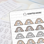 Scripted Hours digital art stickers showcasing cozy ghost characters with pink blush cheeks, each snuggled under a light brown, medium brown, or gray blanket while holding a tiny gray mug, arranged on a white sheet with blurred background stickers of checklist-holding ghosts