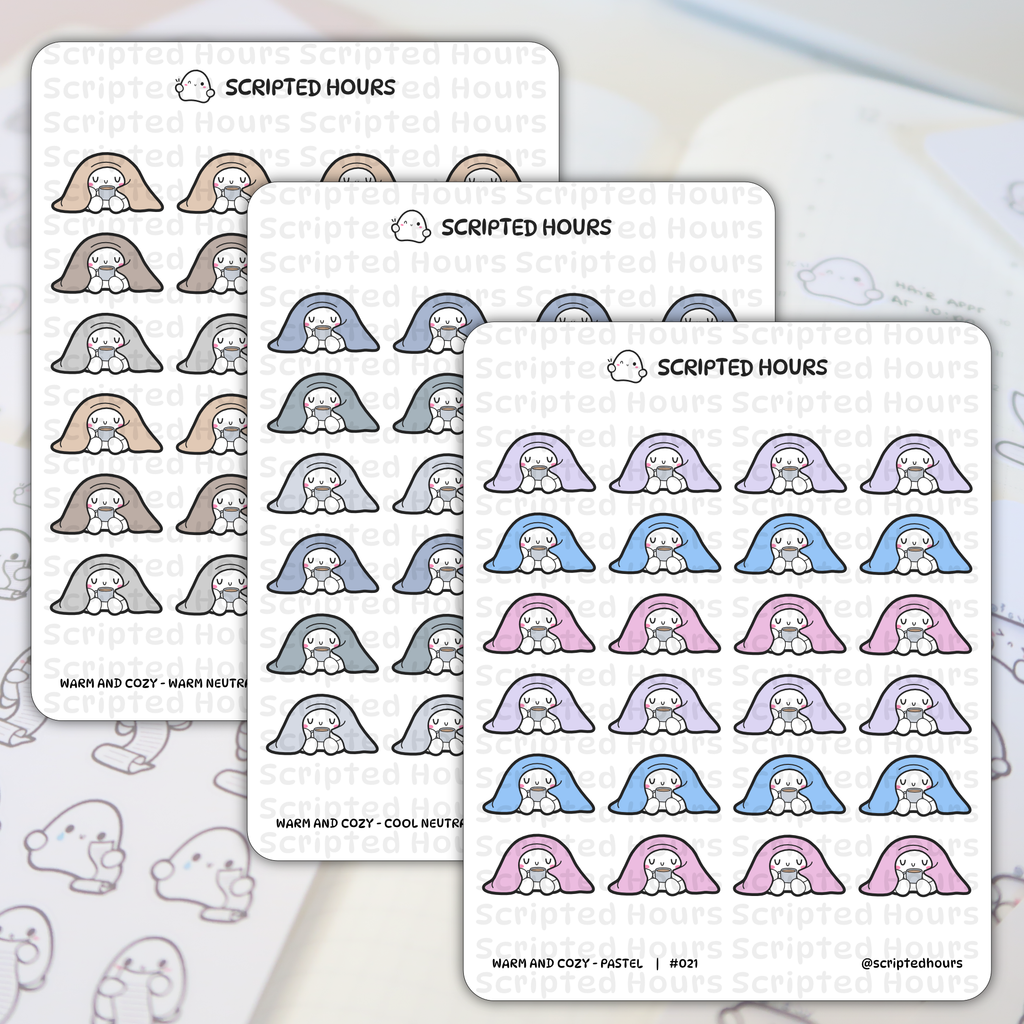 Scripted Hours planner sticker sheets showing "Warm and Cozy" ghost-like characters under blankets holding mugs in warm neutral, cool neutral, and pastel colorways on a blurred planner background