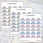 Scripted Hours planner sticker sheets showing "Warm and Cozy" ghost-like characters under blankets holding mugs in warm neutral, cool neutral, and pastel colorways on a blurred planner background