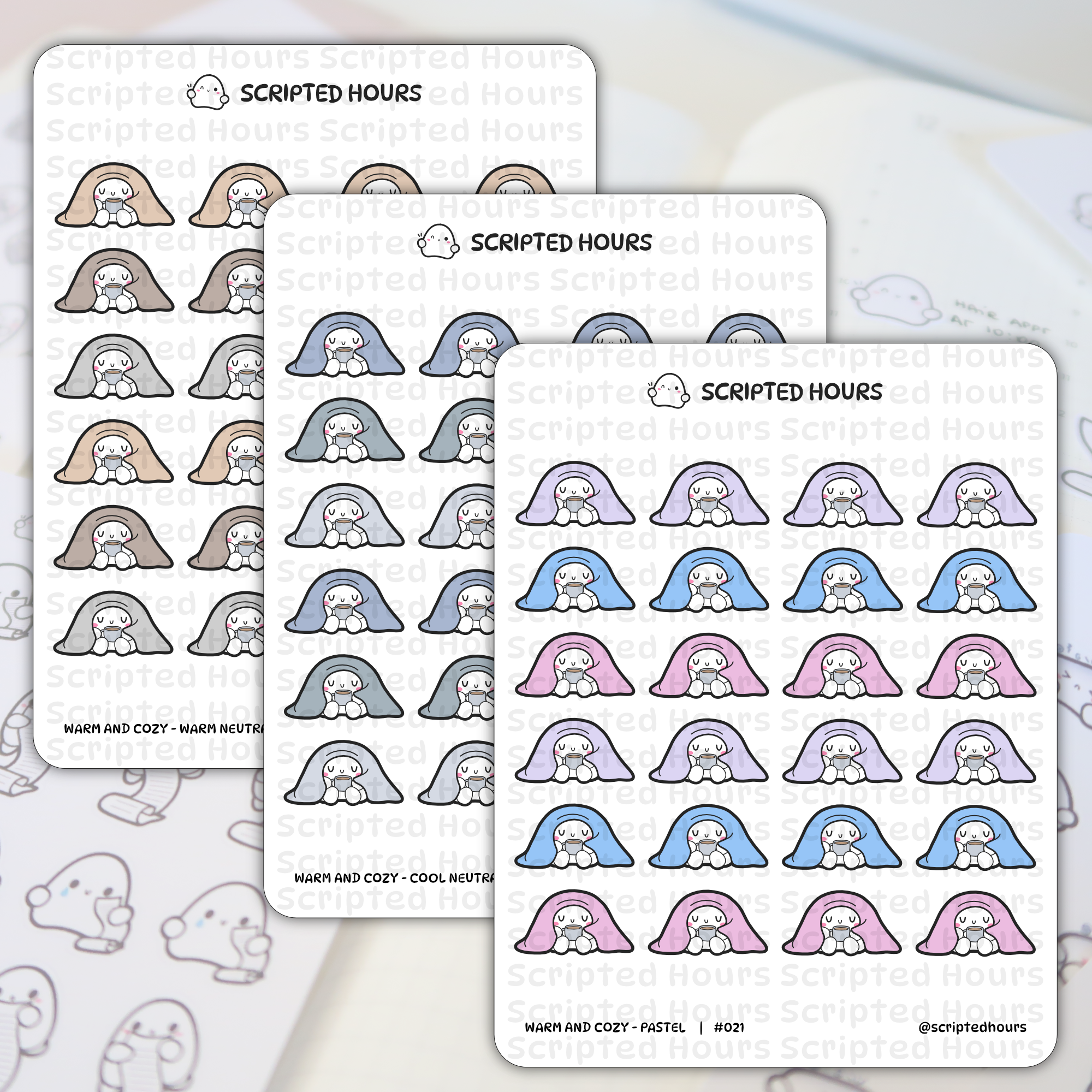 Scripted Hours planner sticker sheets showing "Warm and Cozy" ghost-like characters under blankets holding mugs in warm neutral, cool neutral, and pastel colorways on a blurred planner background