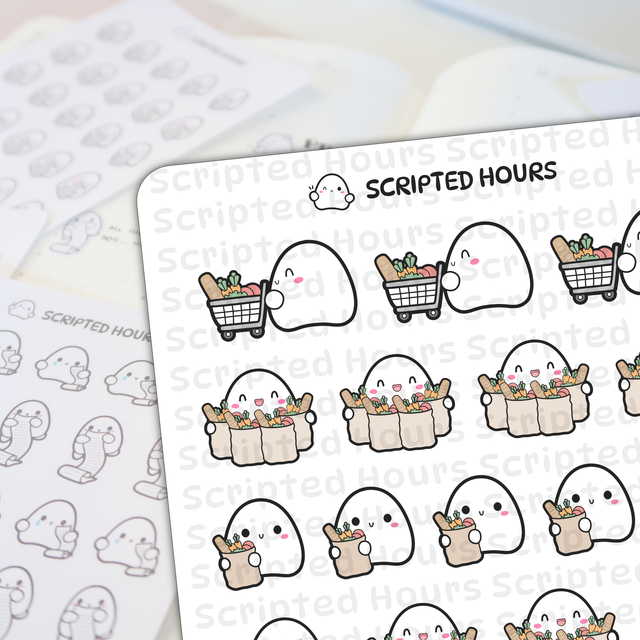 Scripted Hours vinyl stickers depicting cute ghost characters grocery shopping, either pushing carts or holding paper bags filled with baguettes and colorful produce, some with happy winking expressions and rosy cheeks, visible on a sticker sheet with other ghost planner icons in the background