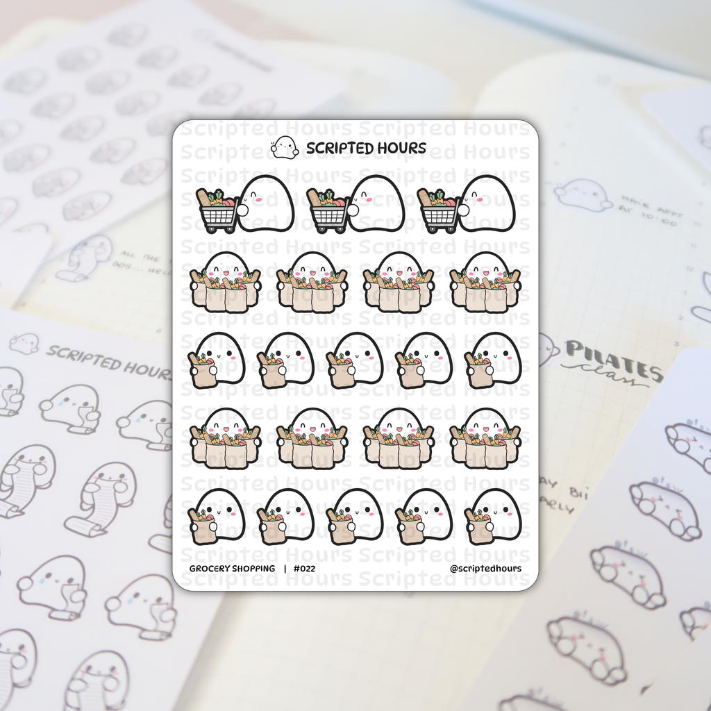 Scripted Hours sticker sheet featuring cute white ghost characters grocery shopping, some pushing tiny carts, others holding brown paper bags overflowing with colorful bread and produce, all set against blurry planner pages noting "Pilates class" and "have appt"