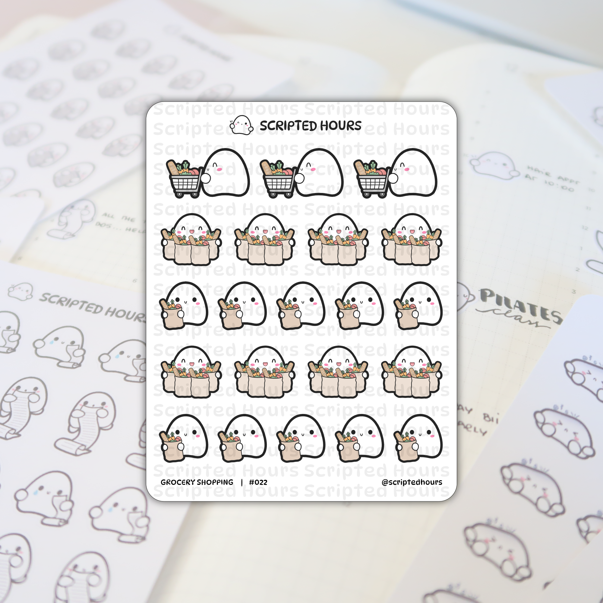 Scripted Hours sticker sheet featuring cute white ghost characters grocery shopping, some pushing tiny carts, others holding brown paper bags overflowing with colorful bread and produce, all set against blurry planner pages noting "Pilates class" and "have appt"