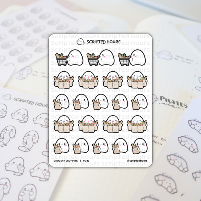 Scripted Hours sticker sheet featuring cute white ghost characters grocery shopping, some pushing tiny carts, others holding brown paper bags overflowing with colorful bread and produce, all set against blurry planner pages noting "Pilates class" and "have appt"