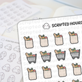 Scripted Hours planner stickers depicting charming grocery bags and shopping carts overflowing with baguettes carrots and pink produce set against a soft focus background of ghost characters holding long shopping lists