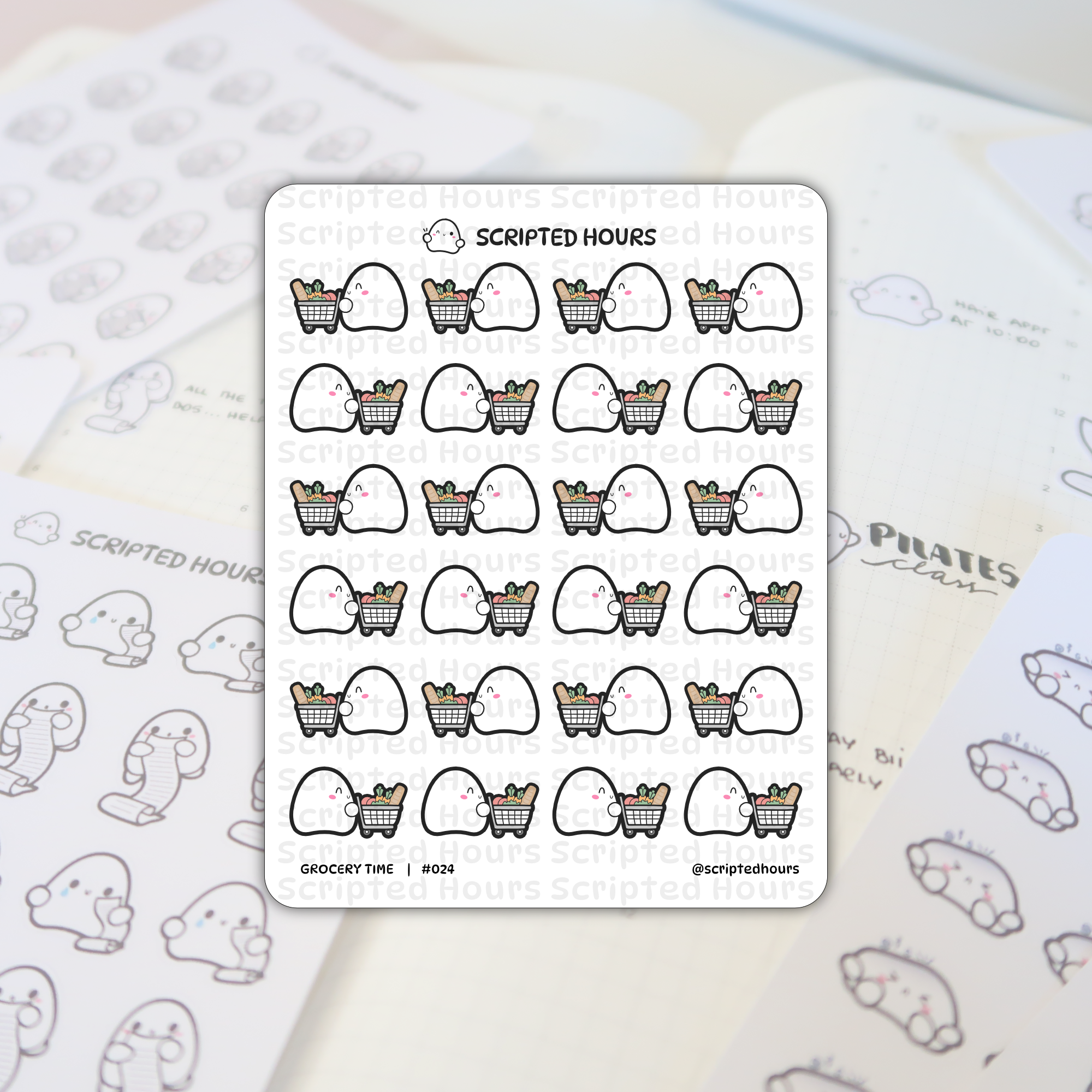 Scripted Hours sticker sheet featuring happy ghost characters pushing shopping carts filled with baguette and green vegetables, labeled "Grocery Time", set against a blurred planner background with "Pilates class" text