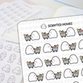 Digital art by Scripted Hours featuring a sticker sheet with rows of white "Bubble" characters, each with pink cheeks and a tiny smile, pushing miniature shopping carts full of colorful baguette, carrots, and other groceries