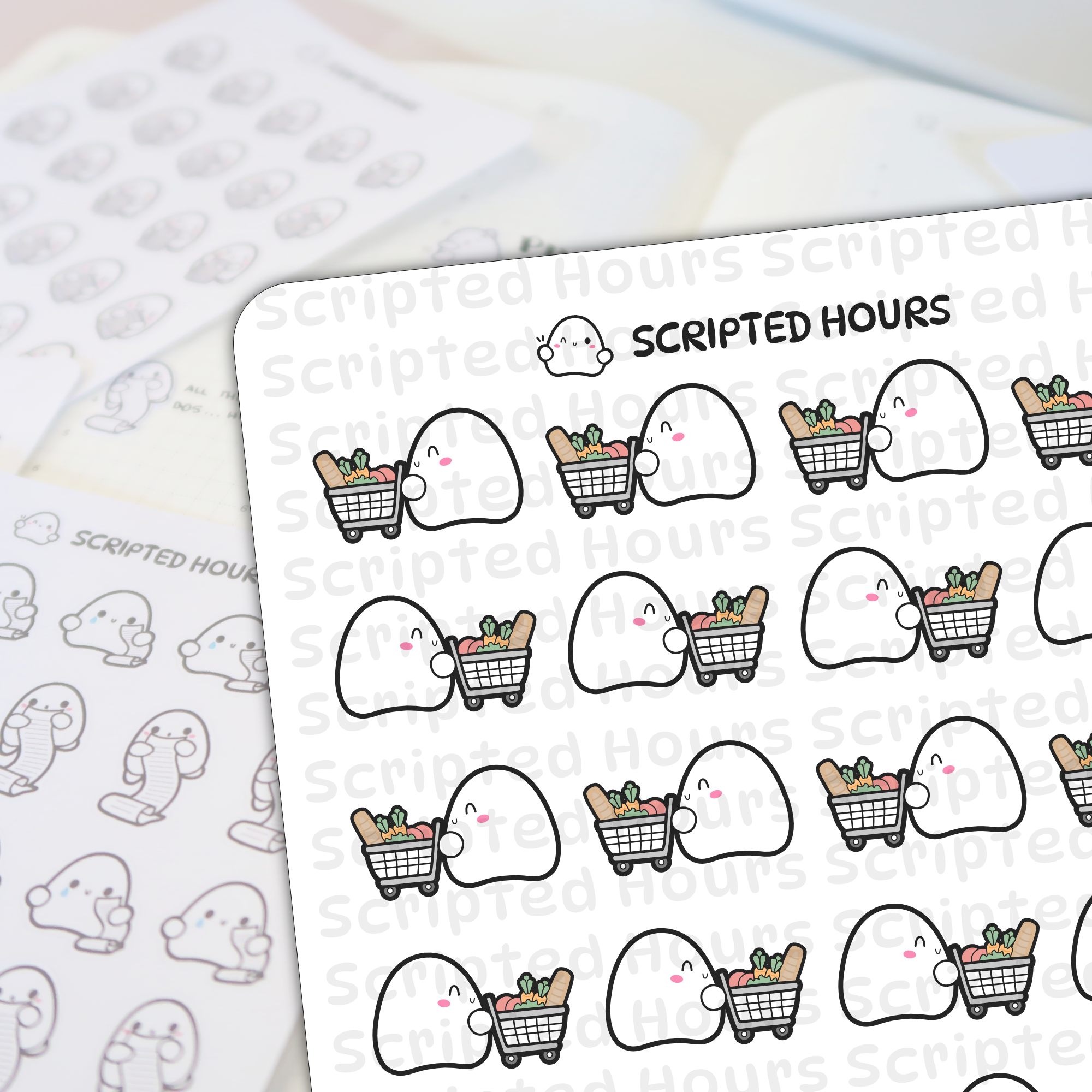 Digital art by Scripted Hours featuring a sticker sheet with rows of white "Bubble" characters, each with pink cheeks and a tiny smile, pushing miniature shopping carts full of colorful baguette, carrots, and other groceries