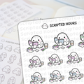 Scripted Hours digital illustration stickers showing cute white egg-shaped characters reading colorful books alongside smiling coffee cups, washi tape rolls, highlighters, and habit tracker mini sheets