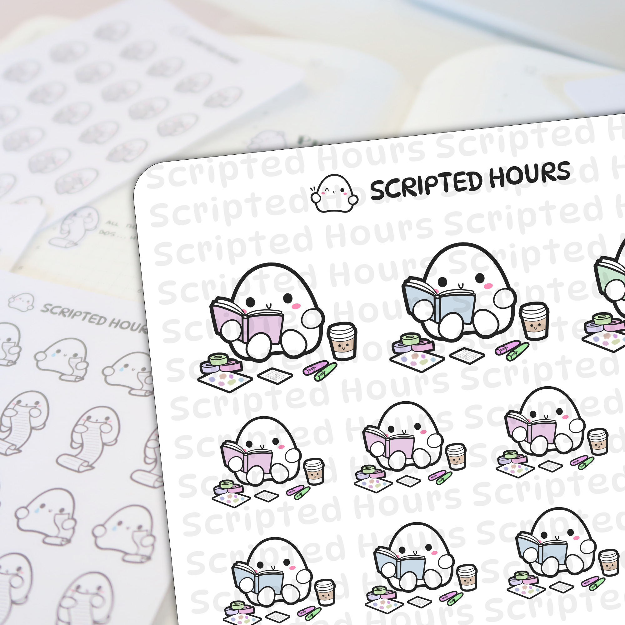 Scripted Hours digital illustration stickers showing cute white egg-shaped characters reading colorful books alongside smiling coffee cups, washi tape rolls, highlighters, and habit tracker mini sheets