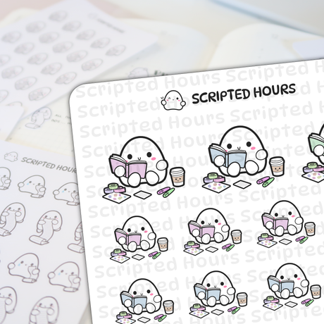 Scripted Hours digital illustration stickers showing cute white egg-shaped characters reading colorful books alongside smiling coffee cups, washi tape rolls, highlighters, and habit tracker mini sheets