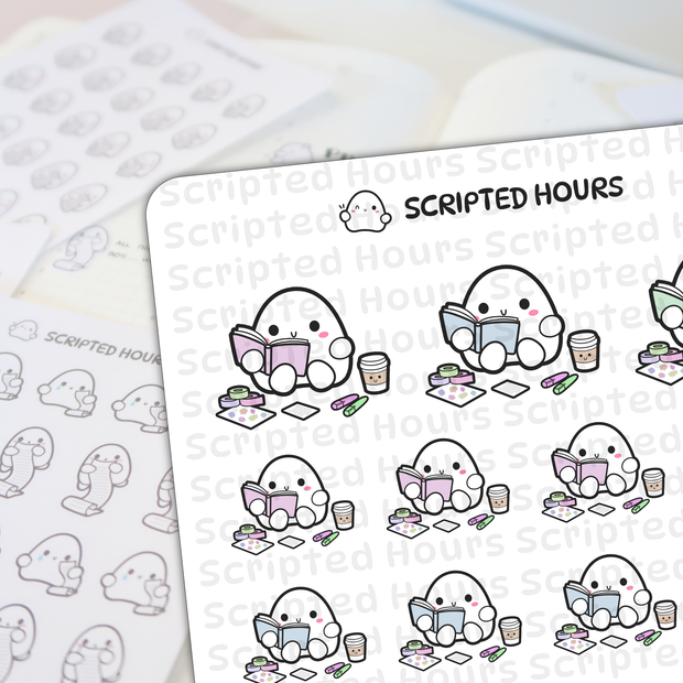 Scripted Hours digital illustration stickers showing cute white egg-shaped characters reading colorful books alongside smiling coffee cups, washi tape rolls, highlighters, and habit tracker mini sheets