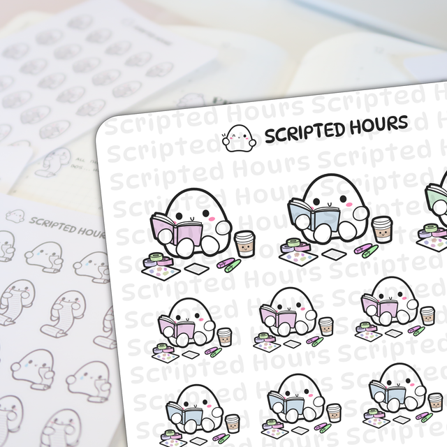 Scripted Hours digital illustration stickers showing cute white egg-shaped characters reading colorful books alongside smiling coffee cups, washi tape rolls, highlighters, and habit tracker mini sheets