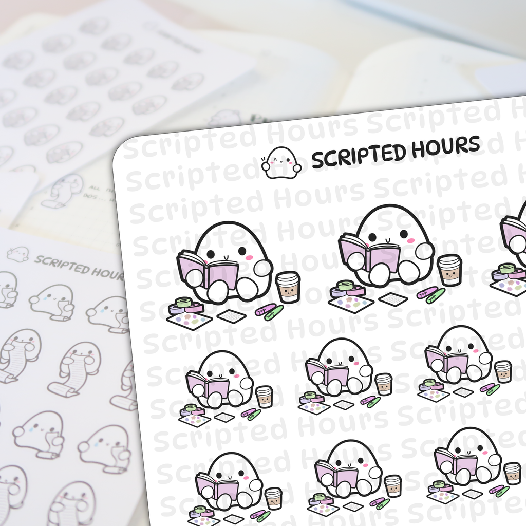 Scripted Hours digital illustration of cute white blob characters with pink cheeks reading pink books, surrounded by colorful washi tape and happy coffee cups on a planner sticker sheet