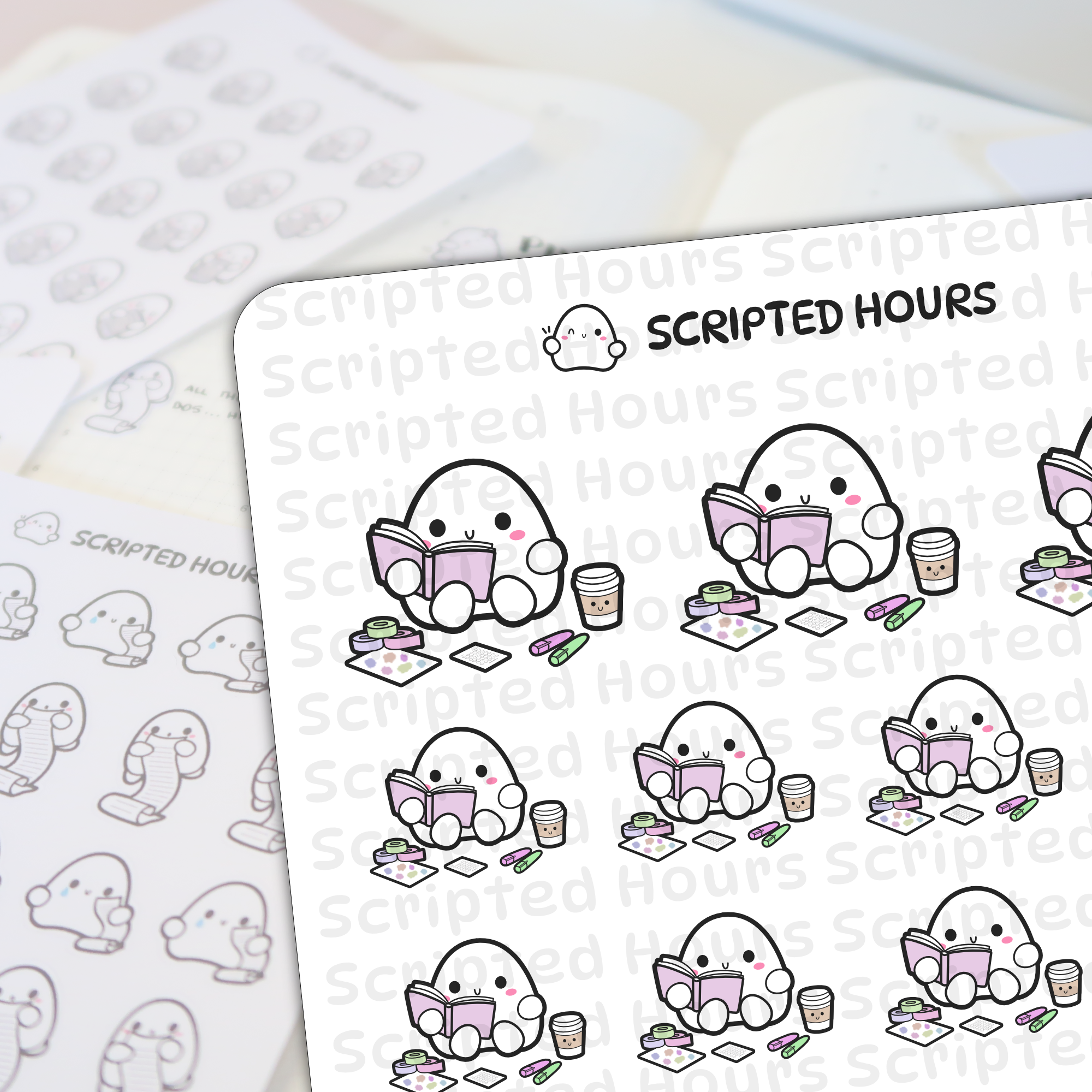 Scripted Hours digital illustration of cute white blob characters with pink cheeks reading pink books, surrounded by colorful washi tape and happy coffee cups on a planner sticker sheet