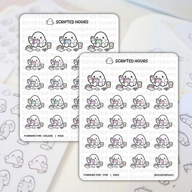 Scripted Hours sticker sheets featuring cute egg-shaped characters planning on a desk with a planner, holding pastel-colored books and coffee cups surrounded by sticky notes and pens