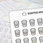 Scripted Hours brand sticker sheets displaying rows of cheerful cartoon coffee cups with smiling faces and cute ghost characters holding long to-do lists along with the brand's winking ghost logo