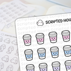 Scripted Hours sticker sheets featuring the brand's winking ghost logo, a sheet of pastel coffee cup stickers with smiling faces in pink, blue, and purple, and a separate sheet of cute ghost characters holding to-do list scrolls