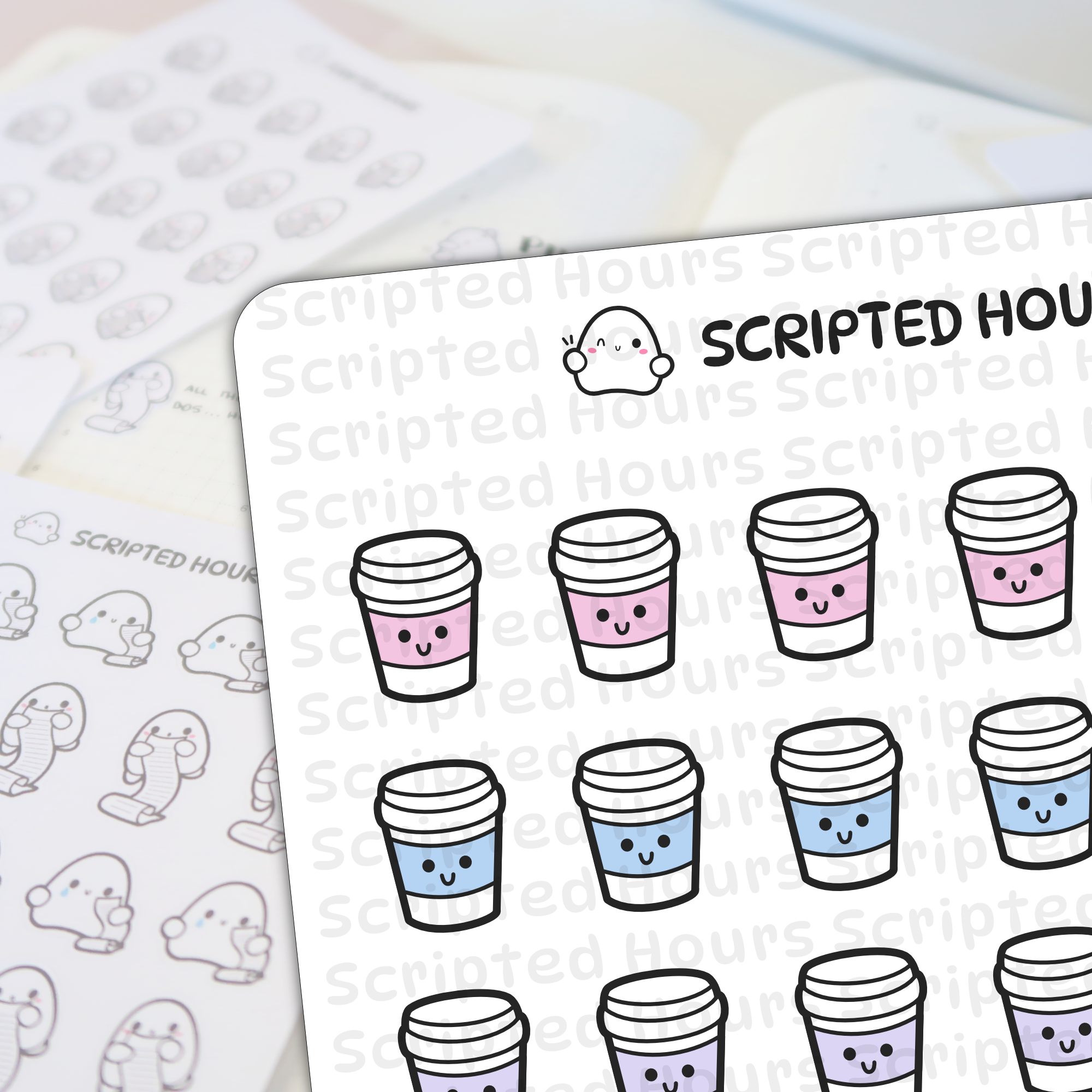 Scripted Hours sticker sheets featuring the brand's winking ghost logo, a sheet of pastel coffee cup stickers with smiling faces in pink, blue, and purple, and a separate sheet of cute ghost characters holding to-do list scrolls