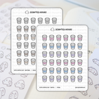 Scripted Hours sticker sheets displaying rows of cute smiling coffee cup stickers, one sheet in neutral grey and beige tones, the other in pastel pink, blue, and purple, on a planner with subtle ghost character designs in the background