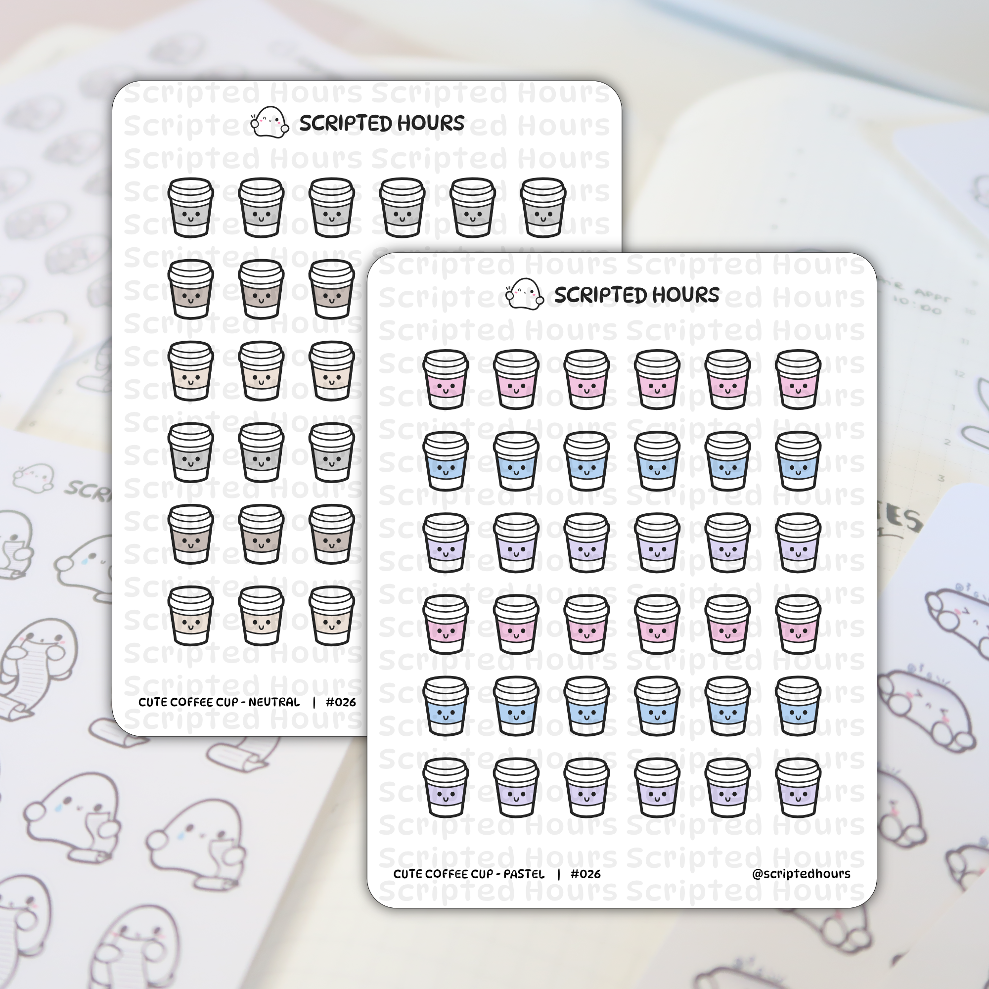 Scripted Hours sticker sheets displaying rows of cute smiling coffee cup stickers, one sheet in neutral grey and beige tones, the other in pastel pink, blue, and purple, on a planner with subtle ghost character designs in the background