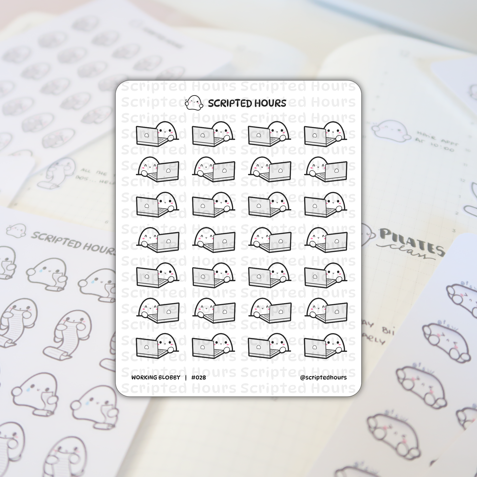 Sticker sheet by Scripted Hours featuring cheerful white blob characters working on laptops with smiling faces, overlaying an open planner showing handwritten PILATES class and HAVE APPT AT 10:00 entries